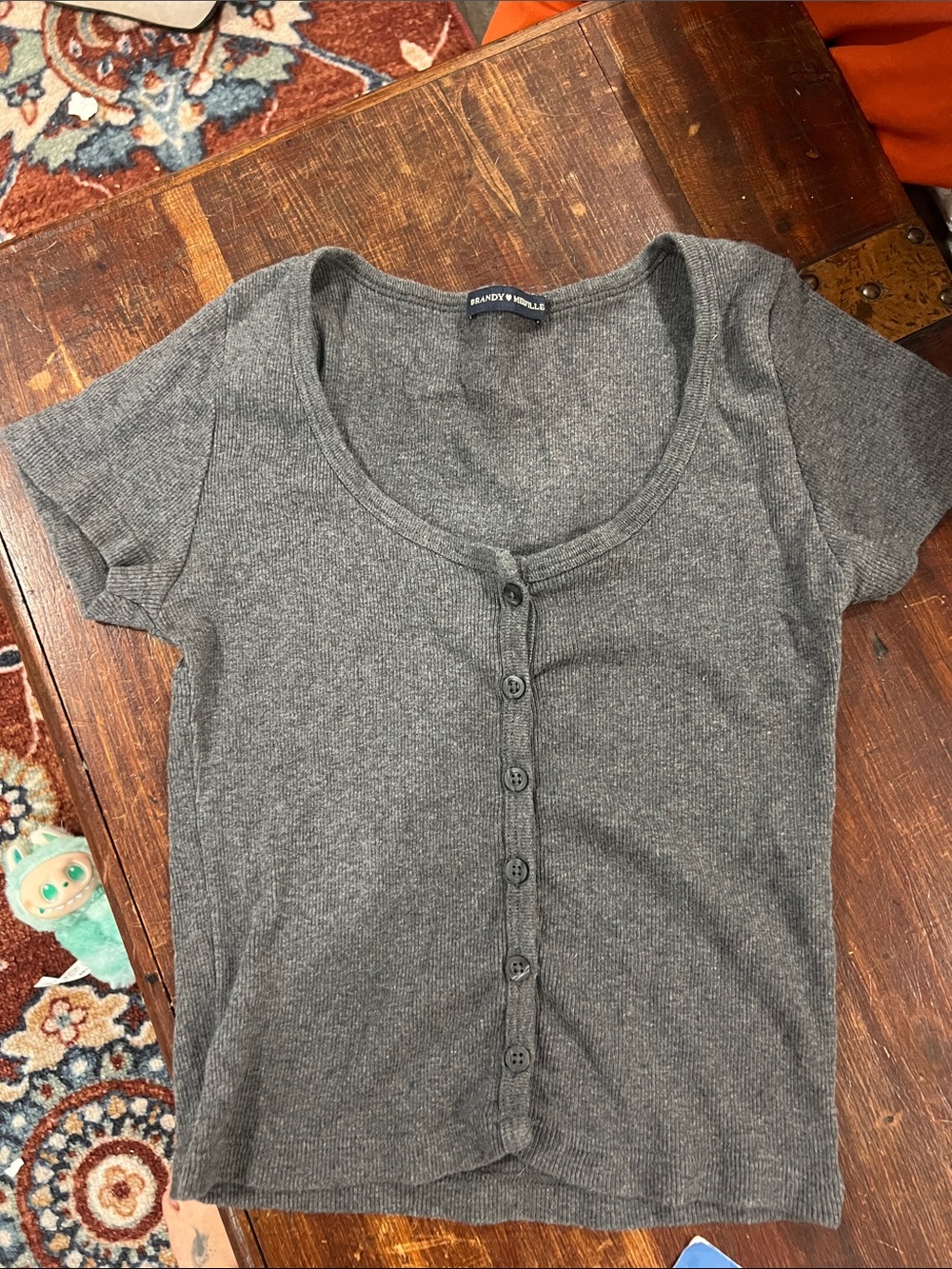 Brandy Melville Charcoal Gray Ribbed Button-Front Scoop Tee